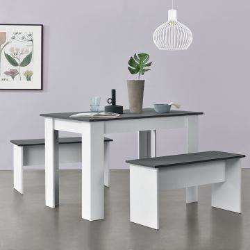 Set per Sala da Pranzo Composto di Tavolo e 2 Panche Mobili in Design Minimal Set da Pranzo Fino a 4 Posti - Bianco / Grigio