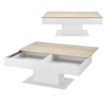 Tavolino da caffè con Piano Scorrevole 40 x 110 x 60 cm Tavolino da Salotto/Soggiorno con 2 Scompartimenti Tavolino Basso - Bianco/Effetto Rovere