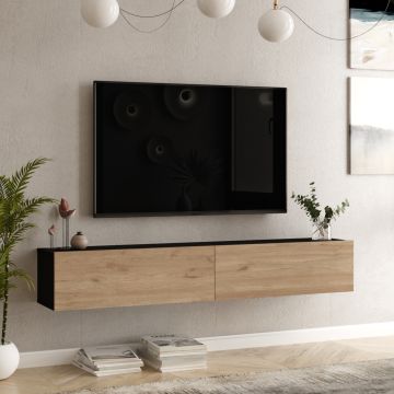 Mobile Porta TV 'Lapinlahti' con 2 Ante Apertura a Ribalta - Consolle da Parete 180 cm - Nero / Effetto Rovere [en.casa]