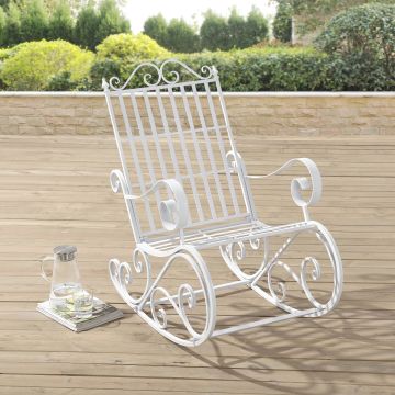 Sedia a Dondolo da Giardino Sedia Oscillante in Metallo per Uso Esterno in Stile Vintage con Braccioli Decorativi - Bianco