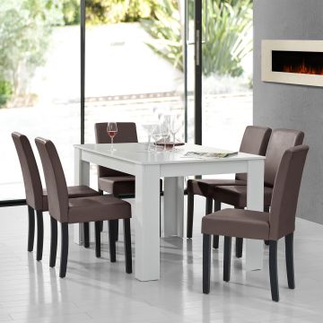 [en.casa] Tavolo da pranzo bianco opaco con 6 sedie marrone imbottite similpelle 14x9 sala da pranzo set