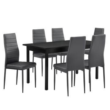 [en.casa] Tavolo da pranzo nero - 14cm x 6cm x 75cm - con 6 sedie imbottite grigie