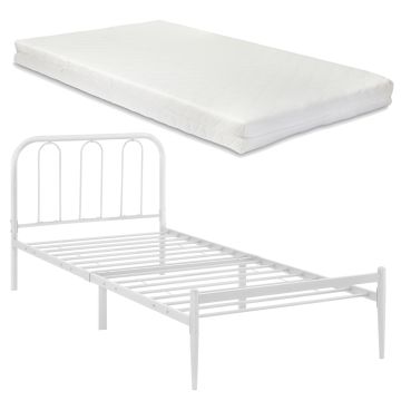 Metal bed 90 x 200cm with mattress Steel frame single bed with cold foam mattress Youth bed White