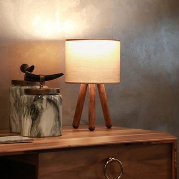 Lampada da Comodino 'Preston' Lampada da Tavolo Lampada a Treppiede in Legno con Paralume Circolare in Tessuto - color Sabbia - lux.pro 