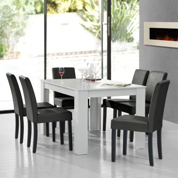 [en.casa] Tavolo da pranzo bianco opaco con 6 sedie grigie scure imbottite similpelle 14x9 sala da pranzo set